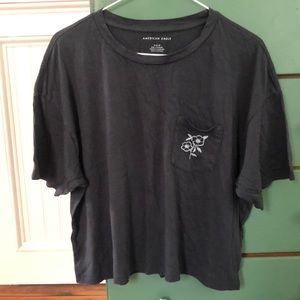 COPY - Dark Grey Flower Embroidered Pocket Crop Tee